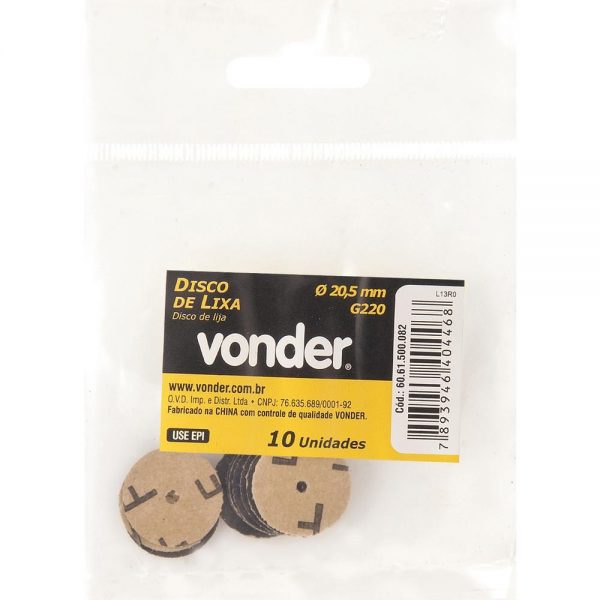 DISCO DE LIXA 20,5MM GR 220 PACOTE COM 10 UNDS - VONDER